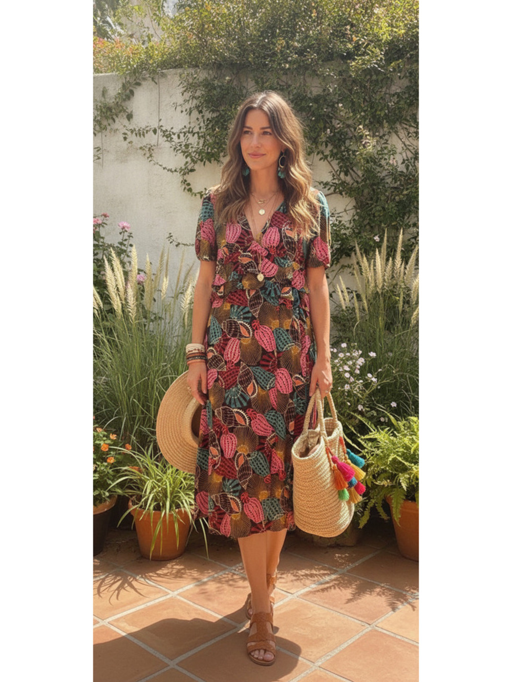 FARM Rio Silk Midi Dress with Colorful Leaf Print, Size XL